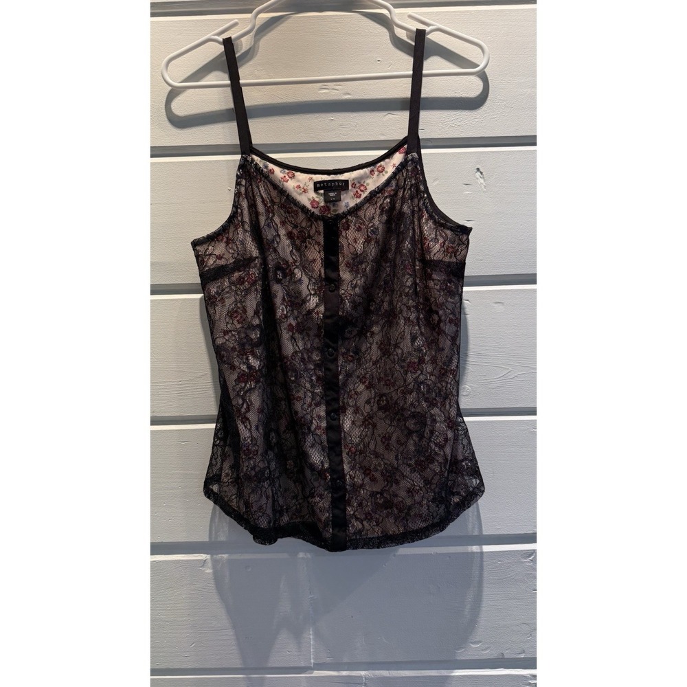 Pink Floral Tank Top Large, Black Lace Overlay, whimsey goth, grunge, festival
